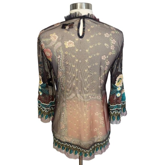 Johnny Was MEDIUM Renley Floral Embroidered Sheer Ruffle 3/4 Length Sleeve Top - Picture 4 of 12